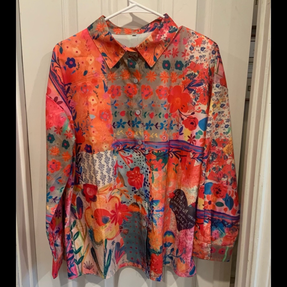 Floral Print Red/Orange/Blue Long Sleeve Blouse